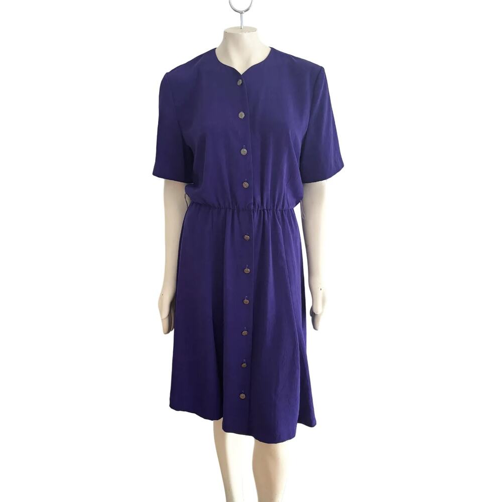 VTG EJM Button Front Midi Dress in Purple  Ornate buttons Elastic waist  SZ 10P